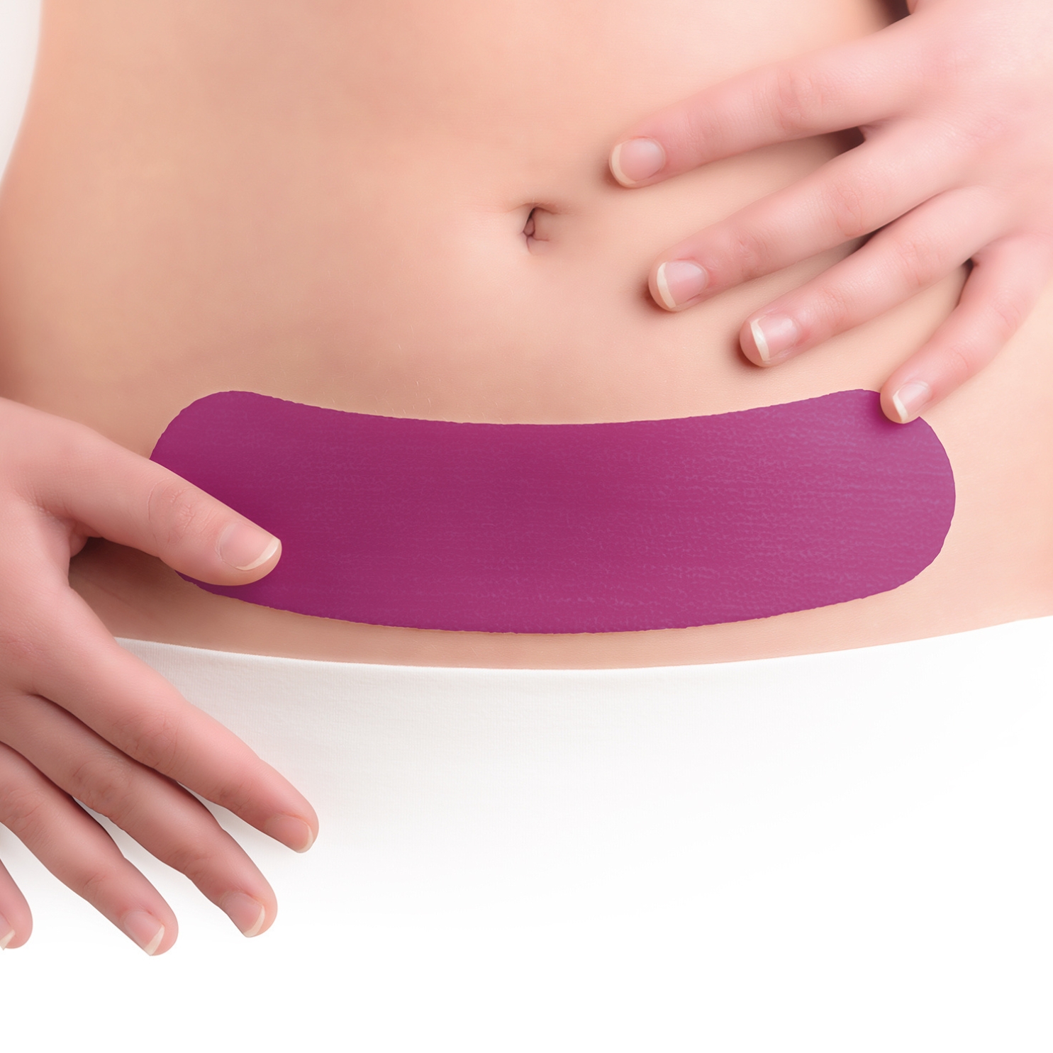 A close-up of a person’s abdomen shows hands gently holding a purple scarban silicone sheet over a C-section scar area.